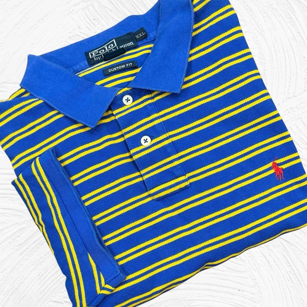 Polo Ralph Lauren Polo Shirt Short Sleeve Men Golf XXL Blue Yellow Striped